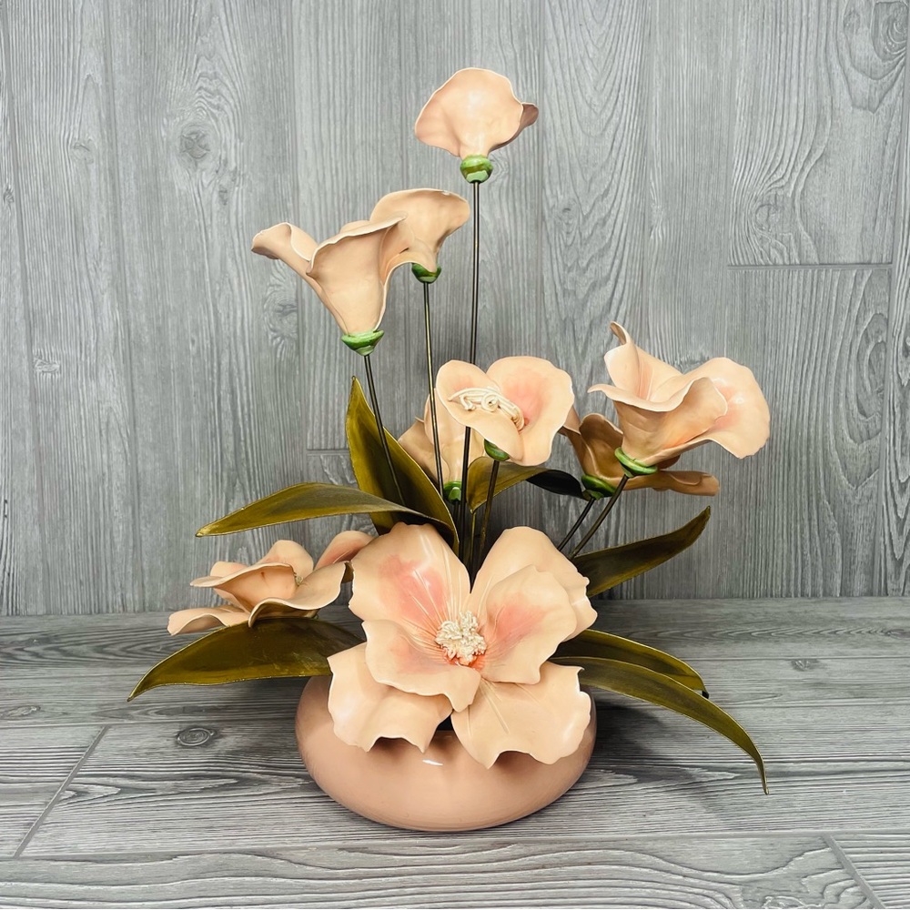 Vintage ceramic flower decor with tin / brass leaves unique decorations